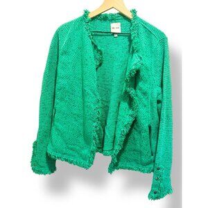 NIC+ZOE Green Tweed Fringe Trim Blazer Jacket XL Front Zipper Pockets Preppy
